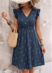 Navy Floral Print Shirred Short Sleeve V Neck Dress | thumb picture 