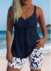 Navy Mid Waisted Ruched Leaf Print Tankini Set
