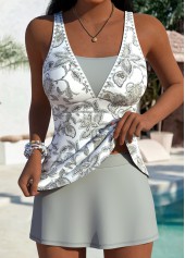 Grey Mid Waisted Thigh Slimmer Tribal Print Tankini Set