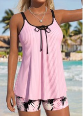 Light Pink Mid Waisted Bowknot Feathers Print Tankini Set | thumb picture 