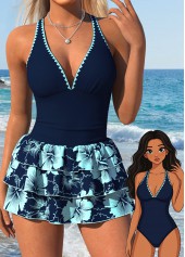Navy Two-piece Floral Print One Piece Swimwear and Skirt