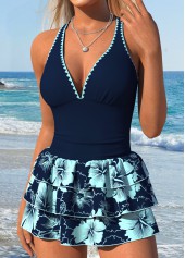 Navy Two-piece Floral Print One Piece Swimwear and Skirt | thumb picture 