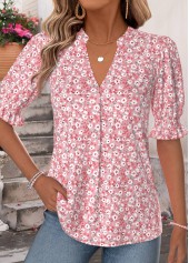 Pink Ditsy Floral Print Shirred Half Sleeve Blouse