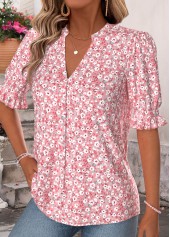 Pink Ditsy Floral Print Shirred Half Sleeve Blouse | thumb picture 