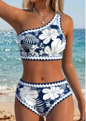 Navy Mid Waisted Patchwork Floral Print Bikini Set