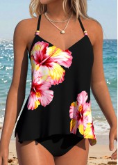 Black Tummy Coverage Floral Print Tankini Top-No Bottom