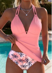 Pink Mid Waisted Leaf Print Tankini Set