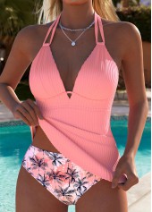 Pink Mid Waisted Leaf Print Tankini Set | thumb picture 