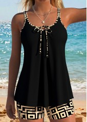 Black Mid Waisted Lace Up Geometric Print Tankini Set