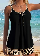 Black Mid Waisted Lace Up Geometric Print Tankini Set | thumb picture 