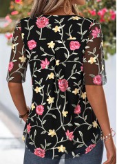 Black Floral Print Ruffle Half Sleeve V Neck Blouse | thumb picture 