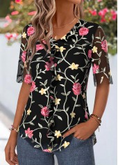Black Floral Print Ruffle Half Sleeve V Neck Blouse | thumb picture 