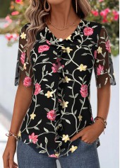Black Floral Print Ruffle Half Sleeve V Neck Blouse