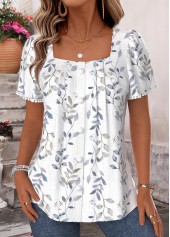 White Leaf Print Tummy Coverage Short Sleeve Blouse