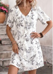 White Leaf Print Short Ruffle Half Sleeve Dress | thumb picture 