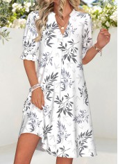 White Leaf Print Short Tummy Control Half Sleeve Dress