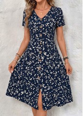 Navy Floral Print Tummy Coverage Short Sleeve Dress | thumb picture 