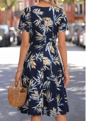Navy Leaf Print Shirred Short Sleeve V Neck Dress | thumb picture 