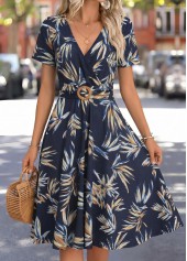 Navy Leaf Print Shirred Short Sleeve V Neck Dress | thumb picture 