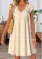 Beige Short Shirred V Neck Dress