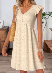 Beige Short Shirred V Neck Dress | thumb picture 