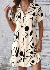 Beige Geometric Print Short Tummy Coverage Shirt Collar Dress