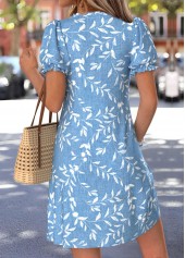 Blue Leaf Print Short Tuck Stitch V Neck Dress | thumb picture 