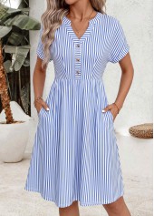 Light Blue Striped Double Side Pockets Short Sleeve Dress