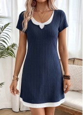 Navy Short Patchwork Round Neck Dress | thumb picture 