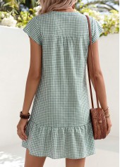 Sage Green Plaid Short Shirred Split Neck Dress | thumb picture 