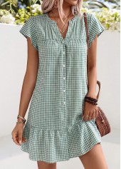 Sage Green Plaid Short Shirred Split Neck Dress