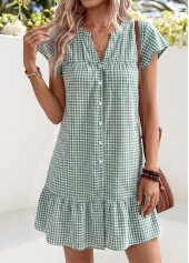Sage Green Plaid Short Shirred Split Neck Dress | thumb picture 