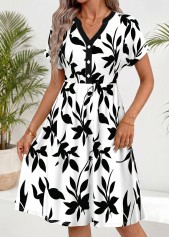 White Leaf Print Short Tummy Coverage Half Sleeve Dress