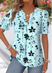 Light Blue Floral Print Curved Hem Short Sleeve Blouse