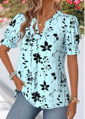 Light Blue Floral Print Curved Hem Short Sleeve Blouse | thumb picture 