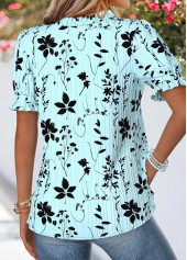 Light Blue Floral Print Curved Hem Short Sleeve Blouse | thumb picture 