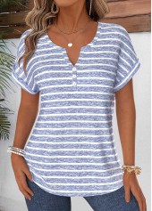 Dusty Blue Striped Tummy Coverage Short Sleeve Blouse