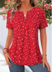 Red Polka Dot Tuck Stitch Short Sleeve Blouse