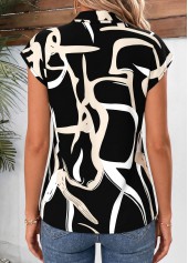 Black Geometric Print Bowknot Short Sleeve Tie Collar Blouse | thumb picture 