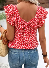 Red Ditsy Floral Print Bowknot Short Sleeve T Shirt