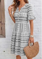Grey Tribal Print Short Tummy Coverage Split Neck Dress | thumb picture 
