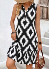 Black Geometric Print Short Tummy Coverage Sleeveless Dress
