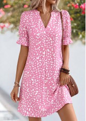 Pink Polka Dot Short Tummy Coverage Split Neck Dress