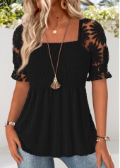 Black Patchwork Short Sleeve Square Neck Blouse