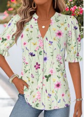 Green Floral Print Shirred Half Sleeve Split Neck Blouse
