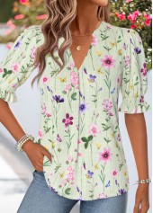 Green Floral Print Shirred Half Sleeve Split Neck Blouse | thumb picture 