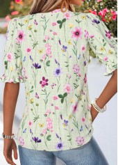 Green Floral Print Shirred Half Sleeve Split Neck Blouse | thumb picture 