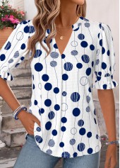 Blue Geometric Print Shirred Half Sleeve Split Neck Blouse | thumb picture 