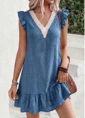 Denim Blue Short Ruffle V Neck Dress
