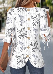 White Leaf Print Curved Hem Half Sleeve T Shirt
